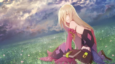 HD PC desktop wallpaper featuring Magilou from the video game Tales of Berseria, depicted in anime style sitting in a flower-filled field under a dramatic sky.