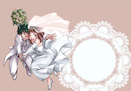 HD anime wallpaper featuring Izuku Midoriya and Ochaco Uraraka from My Hero Academia in wedding attire against a soft pink background with a decorative lace frame.