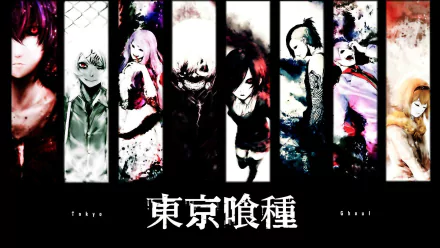 HD Tokyo Ghoul anime wallpaper featuring key characters including Ken Kaneki, Touka Kirishima, Rize Kamishiro, Juuzou Suzuya, Hinami Fueguchi, and others in striking vertical panels.