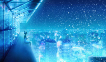 Anime-style HD desktop wallpaper depicting a lone figure standing on a skyscraper ledge overlooking a sprawling, neon-lit city under a starry sky.