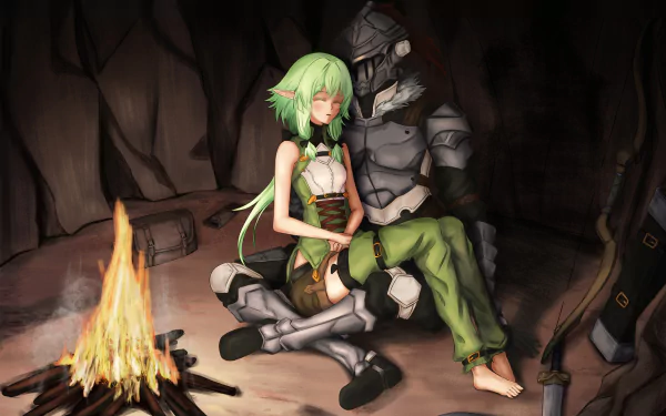 High Elf Archer and armored warrior from Goblin Slayer anime sit by a campfire inside a dark cave in this HD PC desktop wallpaper and background.