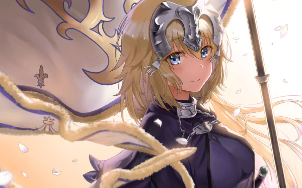 Blonde anime character with blue eyes wearing a headpiece, depicting Jeanne d'Arc from Fate/Grand Order, set in a dynamic HD desktop wallpaper.
