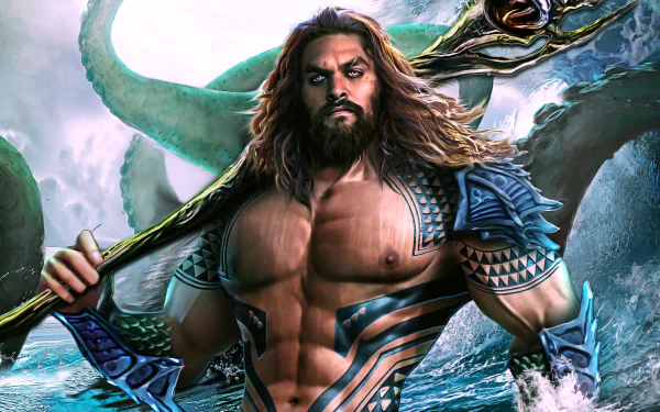 HD PC desktop wallpaper of the movie Aquaman: a bearded, muscular, trident-wielding hero emerging from stormy seas with tentacles and crashing waves.