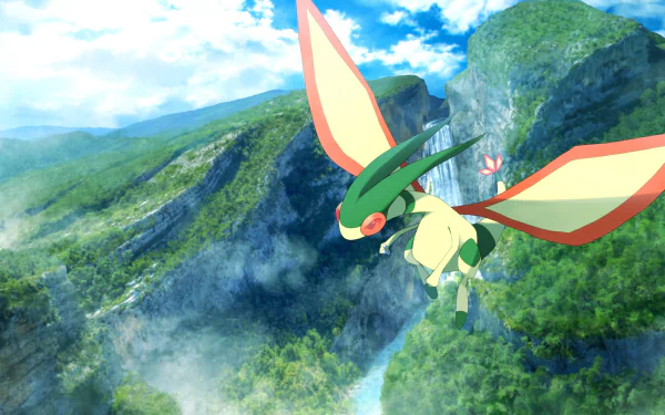 HD anime-style PC wallpaper featuring Flygon, a vibrant Pokémon, soaring above lush green mountains under a bright blue sky with scattered clouds.