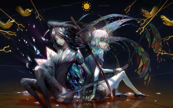 4K Ultra HD anime wallpaper featuring Diamond and Bort from Land of the Lustrous, set against a dark backdrop with vibrant, crystalline and celestial elements.