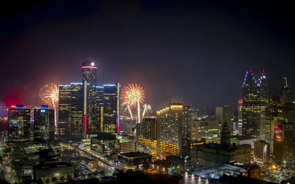 Michigan skyscraper USA building fireworks night man made Detroit HD Desktop Wallpaper | Background Image