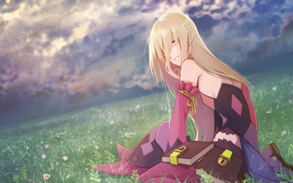 HD PC desktop wallpaper featuring Magilou from the video game Tales of Berseria, depicted in anime style sitting in a flower-filled field under a dramatic sky.