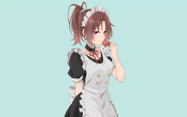 Anime-style 4K Ultra HD wallpaper featuring Natsuki Nakagawa from Sound! Euphonium dressed in a maid outfit against a light blue background.