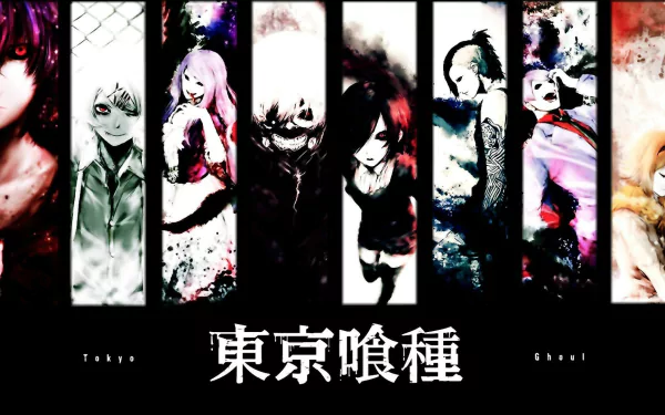 HD Tokyo Ghoul anime wallpaper featuring key characters including Ken Kaneki, Touka Kirishima, Rize Kamishiro, Juuzou Suzuya, Hinami Fueguchi, and others in striking vertical panels.