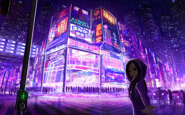 HD anime cityscape wallpaper featuring a vibrant, neon-lit urban area with tall buildings and a character in the foreground, dressed in a hoodie, against a rainy night backdrop.
