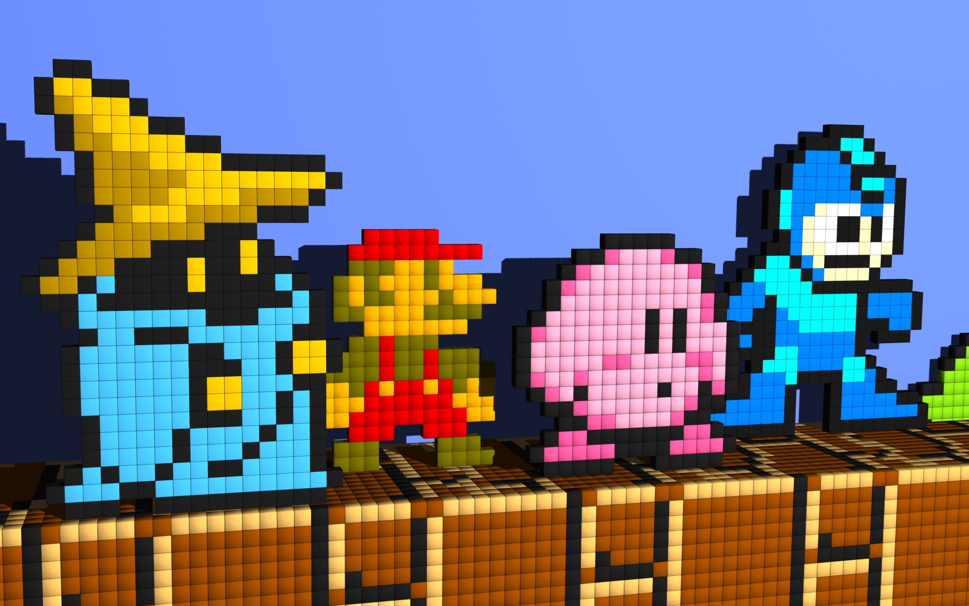 Classic video game characters in an 8-bit style, surrounded by brick blocks.