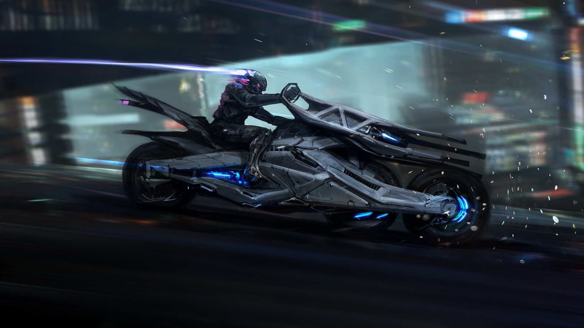 HD desktop wallpaper of a cyberpunk-themed sci-fi vehicle, featuring a futuristic, sleek bike speeding through a neon-lit cityscape.