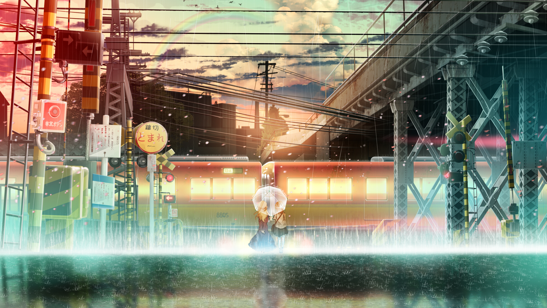 HD PC desktop wallpaper featuring Maribel Hearn and Renko Usami from Touhou, set against a vibrant sunset cityscape with detailed urban and rail elements.