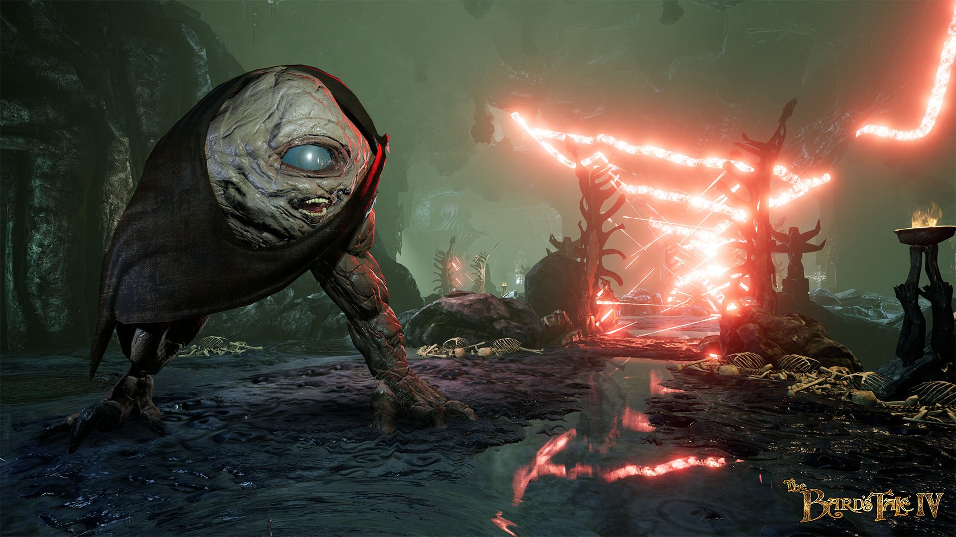 HD desktop wallpaper from The Bard's Tale IV: Barrows Deep featuring a creature in a dark, mystical setting with glowing red embers.