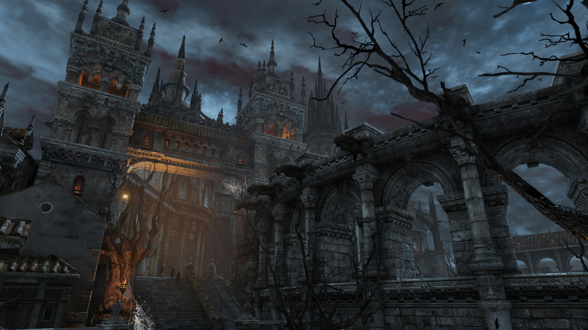 HD PC desktop wallpaper of a dark, gothic castle scene from the video game Bless Online, featuring ominous skies and ancient, crumbling stone architecture.