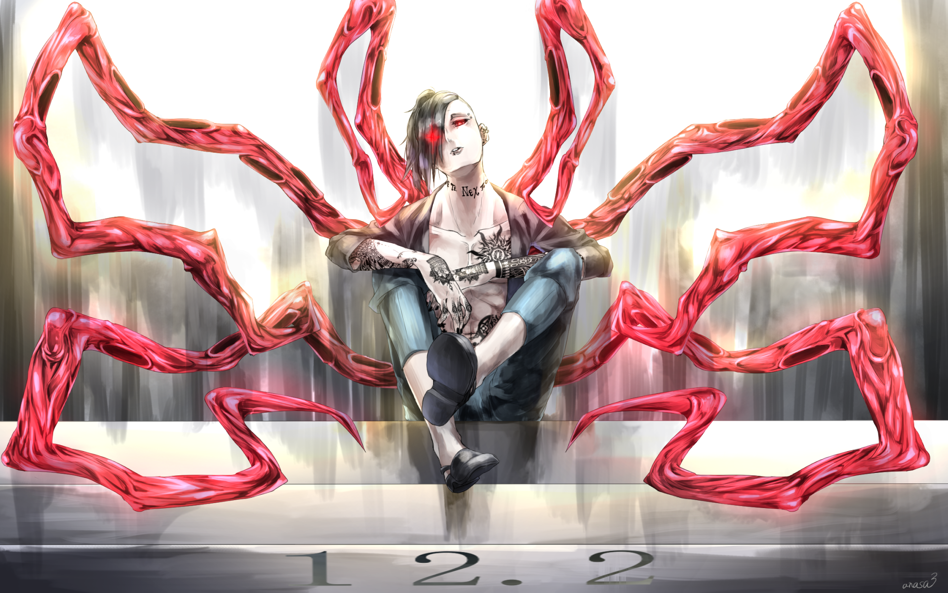 HD PC desktop wallpaper featuring Uta from Tokyo Ghoul:re, showcasing his signature red kagune tentacles in a striking anime-style design.
