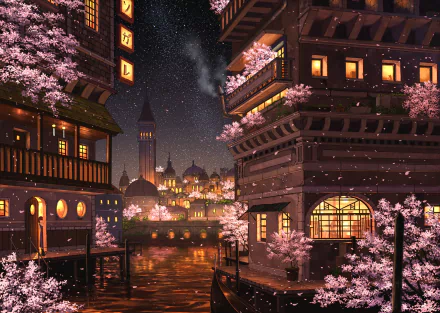 HD desktop wallpaper featuring an anime-style cityscape at night, adorned with cherry blossoms and illuminated buildings, creating a tranquil and enchanting atmosphere.