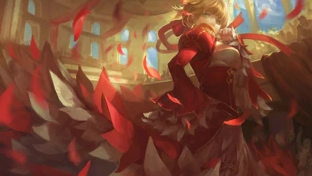 HD PC desktop wallpaper: Saber (Fate Series) Nero Claudius from Fate/EXTRA — anime-style in a crimson gown and cape amid coliseum ruins with falling rose petals