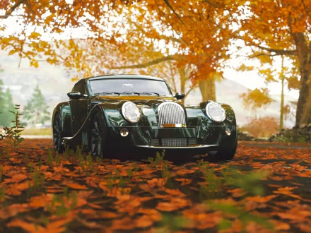 HD desktop wallpaper featuring a Morgan Aero 8 vehicle parked on a ground covered with orange autumn leaves and trees in the background.
