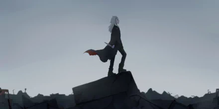 HD anime desktop wallpaper featuring Mikhail from Sirius the Jaeger, standing on a rocky outcrop against a muted sky.
