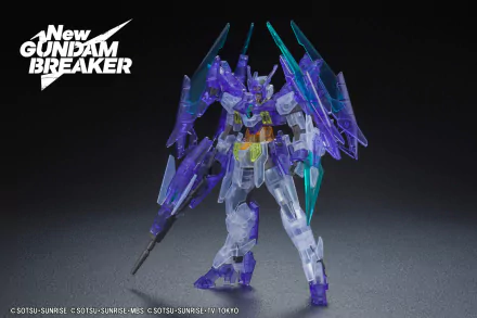 HD desktop wallpaper from New Gundam Breaker featuring a detailed model of a Gundam with purple accents and dynamic posing.