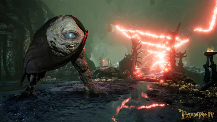 HD desktop wallpaper from The Bard's Tale IV: Barrows Deep featuring a creature in a dark, mystical setting with glowing red embers.