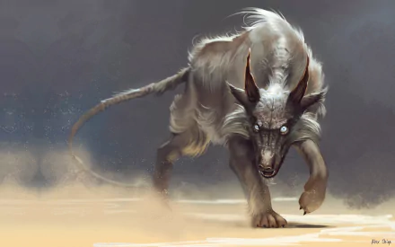 HD fantasy desktop wallpaper featuring a fierce, horned creature with glowing eyes emerging from a misty, desert-like landscape.