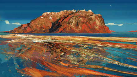 Artistic HD PC desktop wallpaper featuring a vivid desert scene with a rugged rocky formation and textured sand under a deep blue sky.