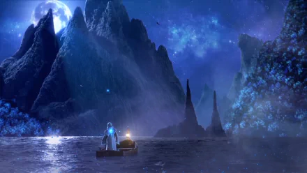 HD PC desktop wallpaper from the video game N.E.R.O.: Nothing Ever Remains Obscure featuring a moonlit night with stars, mountains, and a boat on calm water.