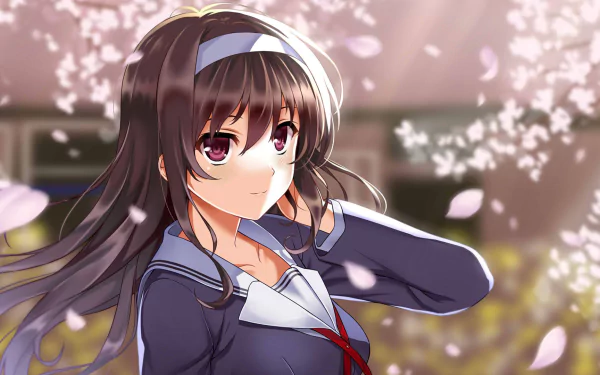 HD PC desktop wallpaper featuring Utaha Kasumigaoka from the anime Saekano: How to Raise a Boring Girlfriend, surrounded by soft cherry blossom petals.