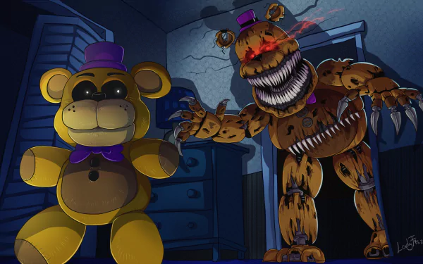 HD PC desktop wallpaper featuring Nightmare Golden Freddy from Five Nights at Freddy's 4, depicting the eerie animatronic in a dark, cracked room setting.