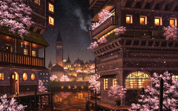 Anime City Cherry Blossom HD Wallpaper | Background Image