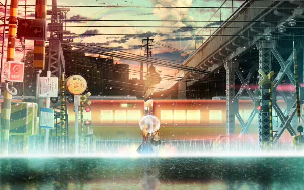 HD PC desktop wallpaper featuring Maribel Hearn and Renko Usami from Touhou, set against a vibrant sunset cityscape with detailed urban and rail elements.