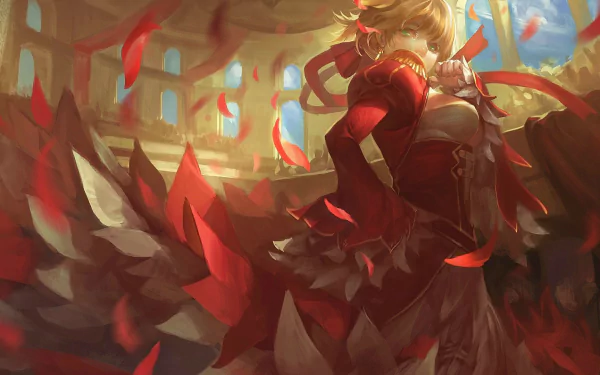 HD PC desktop wallpaper: Saber (Fate Series) Nero Claudius from Fate/EXTRA — anime-style in a crimson gown and cape amid coliseum ruins with falling rose petals