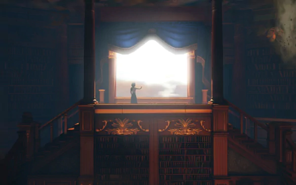 HD PC desktop wallpaper featuring Elizabeth from the video game Bioshock Infinite, standing on a balcony with a bright, ethereal light in the background.