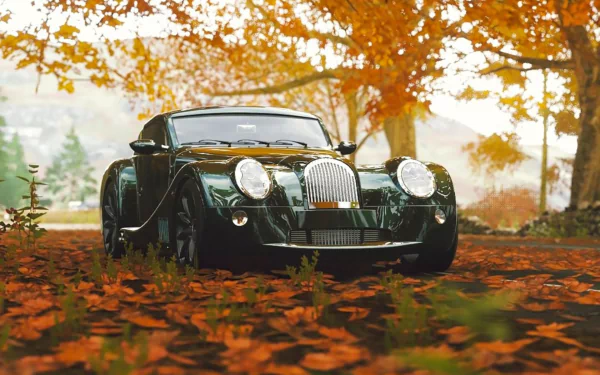 HD desktop wallpaper featuring a Morgan Aero 8 vehicle parked on a ground covered with orange autumn leaves and trees in the background.