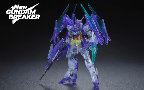 HD desktop wallpaper from New Gundam Breaker featuring a detailed model of a Gundam with purple accents and dynamic posing.