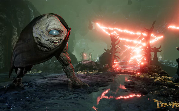 HD desktop wallpaper from The Bard's Tale IV: Barrows Deep featuring a creature in a dark, mystical setting with glowing red embers.