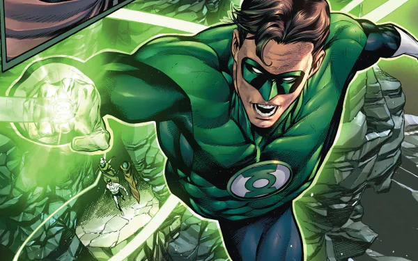HD PC desktop wallpaper featuring Hal Jordan as Green Lantern in dynamic action, glowing with green energy in a comic-style illustration.