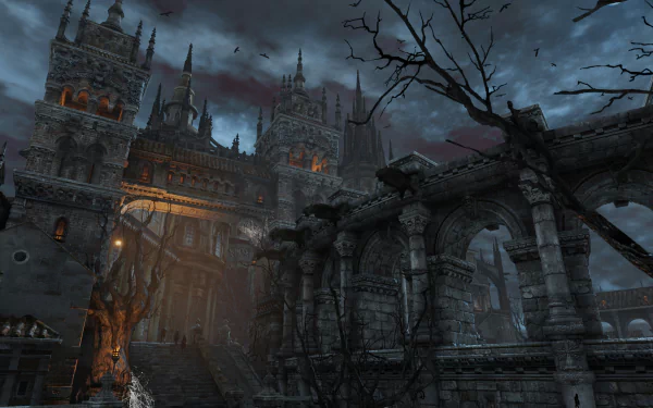 HD PC desktop wallpaper of a dark, gothic castle scene from the video game Bless Online, featuring ominous skies and ancient, crumbling stone architecture.