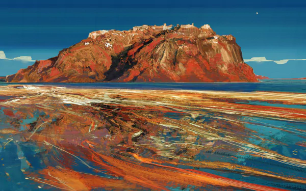 Artistic HD PC desktop wallpaper featuring a vivid desert scene with a rugged rocky formation and textured sand under a deep blue sky.