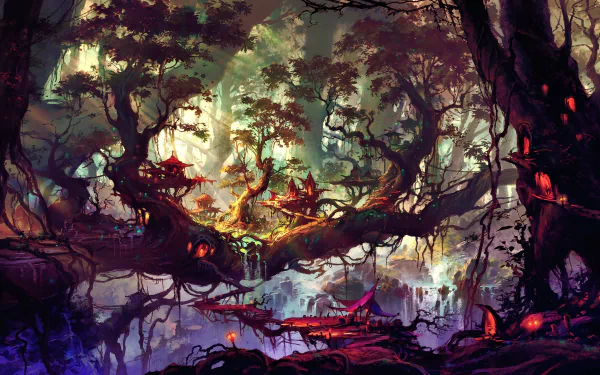 HD wallpaper depicting a fantasy city nestled among lush, towering trees, with vibrant colors and ethereal lighting, creating a magical and whimsical atmosphere.