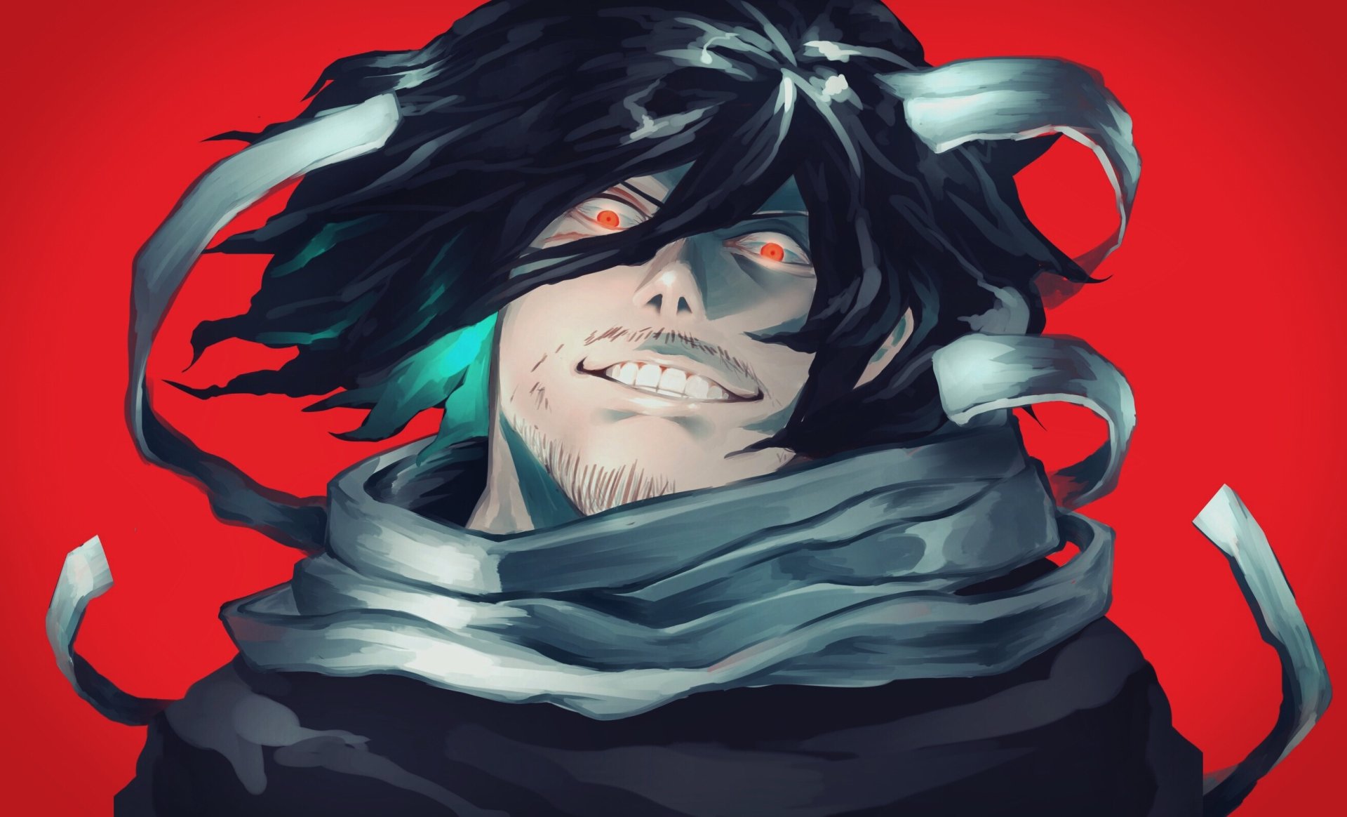 HD anime desktop wallpaper of Shouta Aizawa from My Hero Academia with black hair, red eyes, a scarf, and a confident smile against a red background.