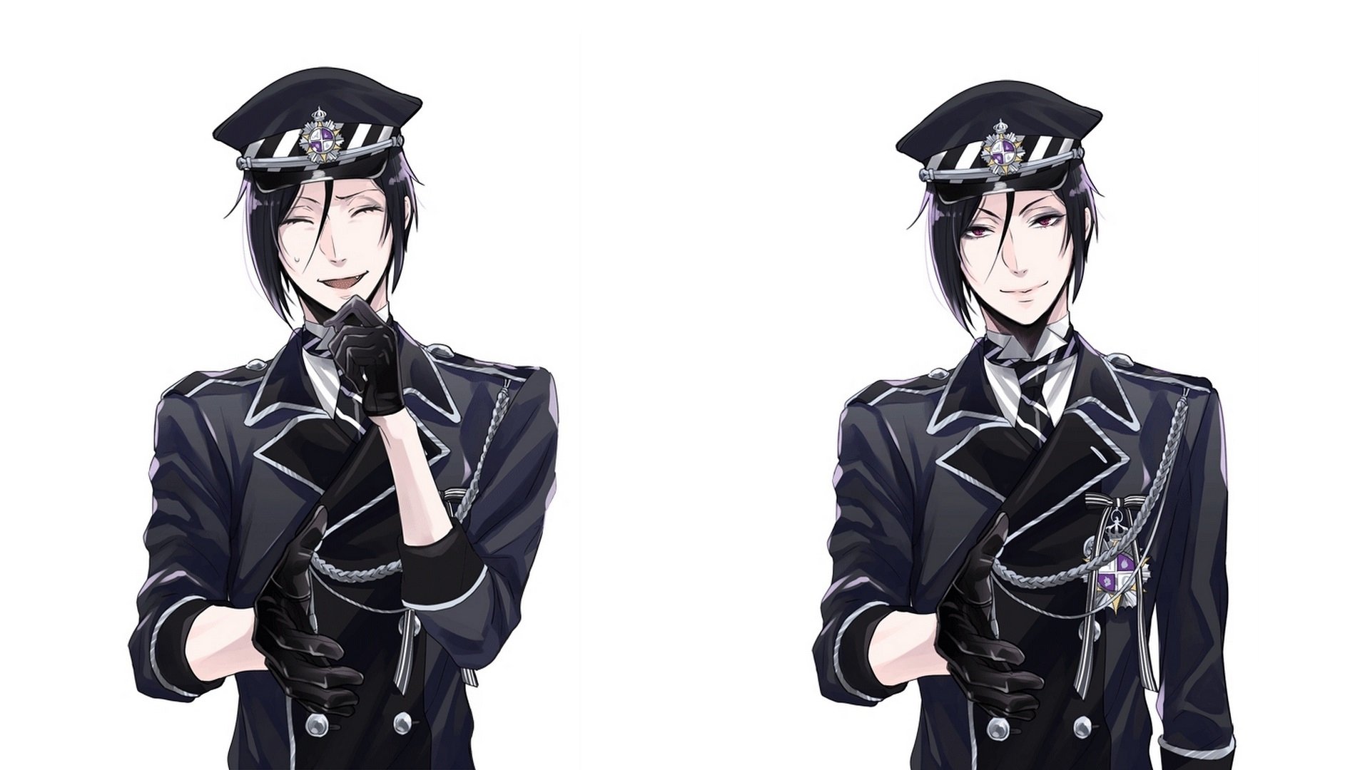 HD PC desktop wallpaper of Sebastian Michaelis from Black Butler: two anime portraits in a black uniform—one smiling with eyes closed, the other composed and staring—on a white background
