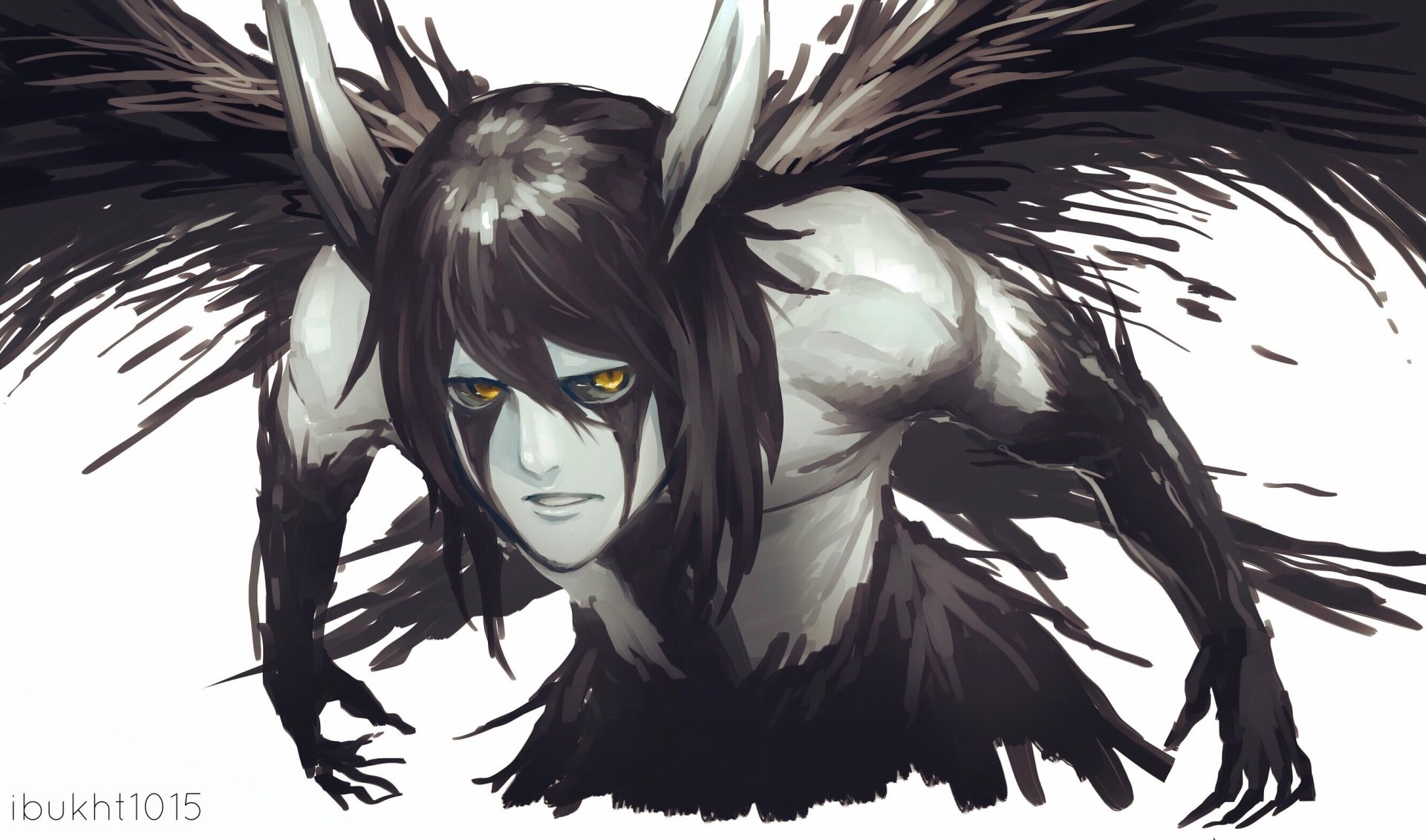 HD desktop wallpaper featuring Ulquiorra Cifer from the anime Bleach, depicted in his distinctive Hollow form with dark wings and intense yellow eyes.