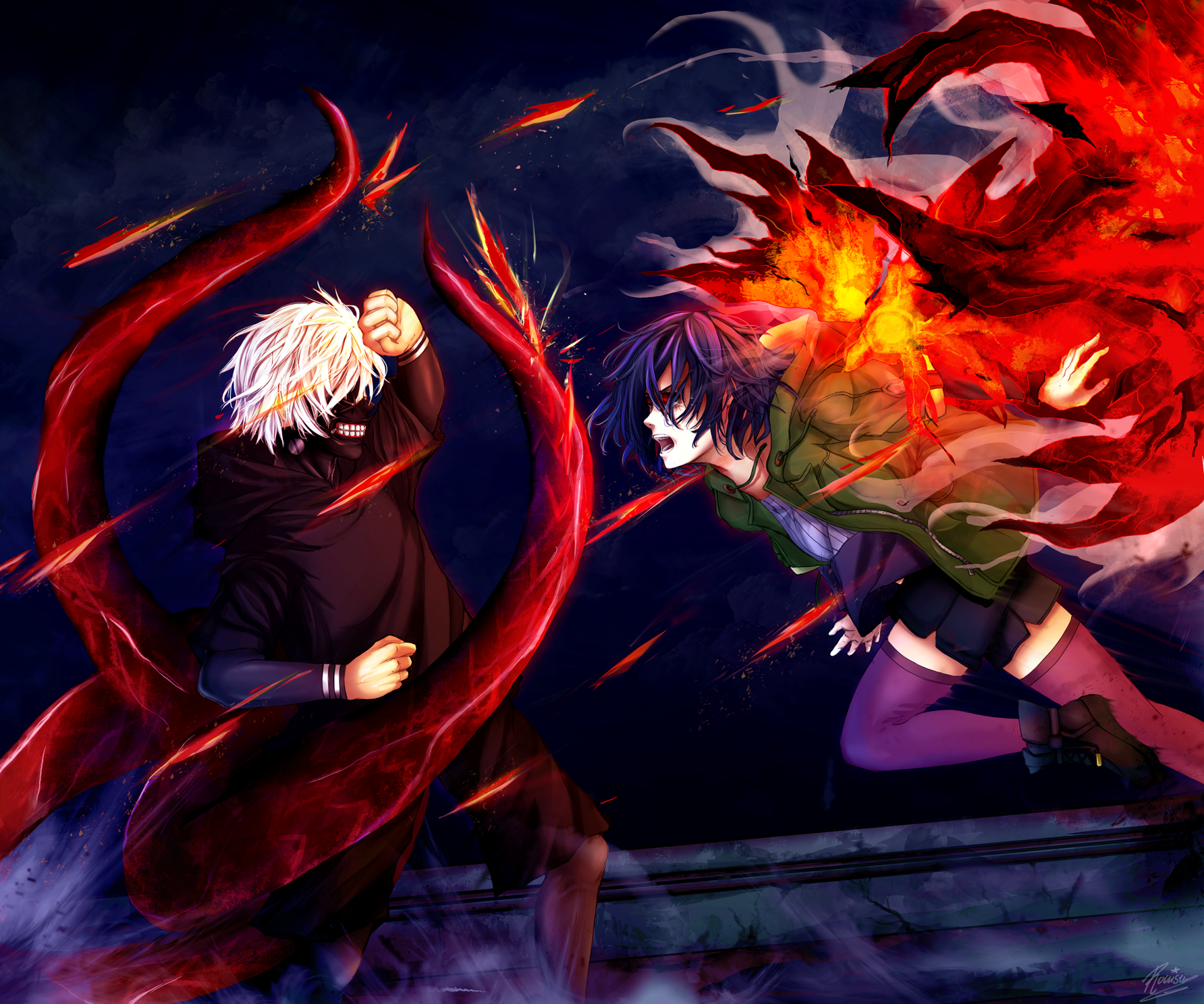 HD anime wallpaper featuring Tokyo Ghoul characters Ken Kaneki and Touka Kirishima in a dynamic, fiery battle scene with vivid red and dark tones.
