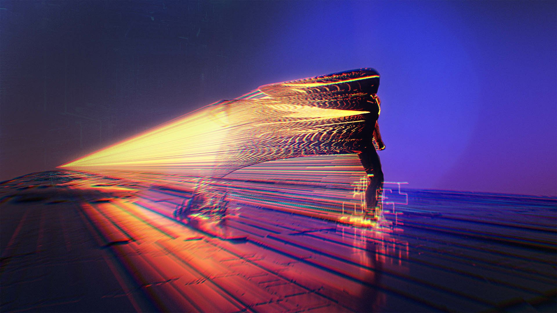 HD PC desktop wallpaper and background: TRON RUN/r video game scene — a glitching neon light-runner streaks across a digital grid, leaving orange and purple trails against a blue-violet sky.