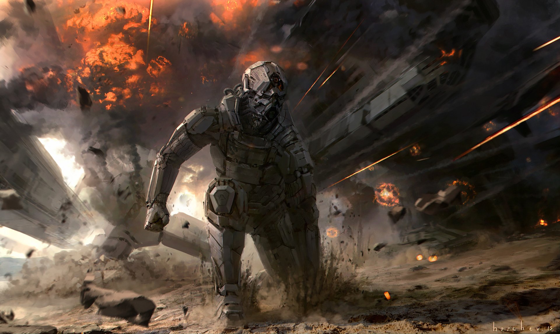 HD PC desktop wallpaper: Sci‑Fi warrior in armored suit charges through a fiery explosion on a battle-scarred landscape, debris and sparks flying.
