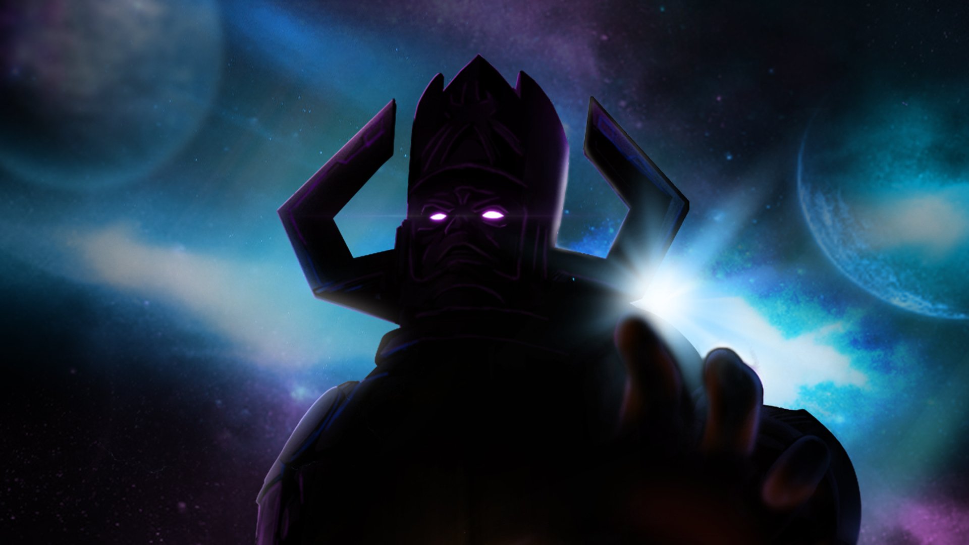 HD comic wallpaper featuring Galactus with glowing eyes reaching forward against a cosmic backdrop of planets and stars.