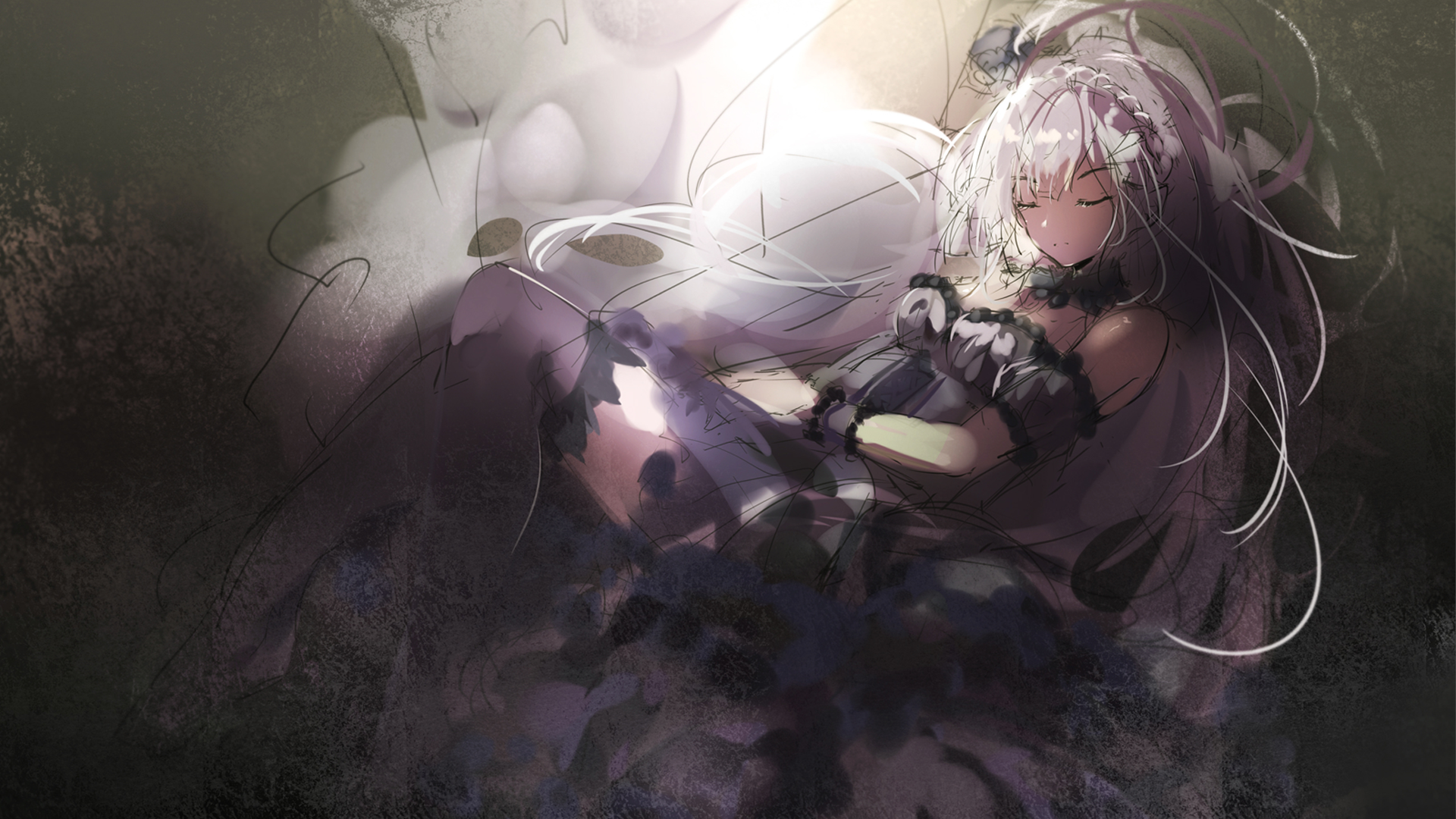 HD desktop wallpaper featuring Satella from Re:Zero - Starting Life in Another World, depicted in an ethereal and serene setting with soft, dreamy lighting. Various abstract elements enhance the scene.